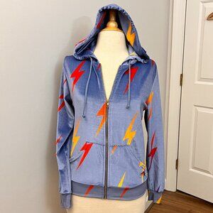 Aviator Nation Slate Blue Velour Lighting Bolt Full Zip Hoodie Sz S
